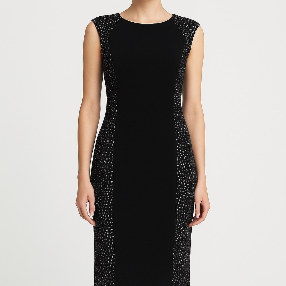 Leslie Fay Black Sheath Dress with Gold Sequin Panels - Size 14W NWT